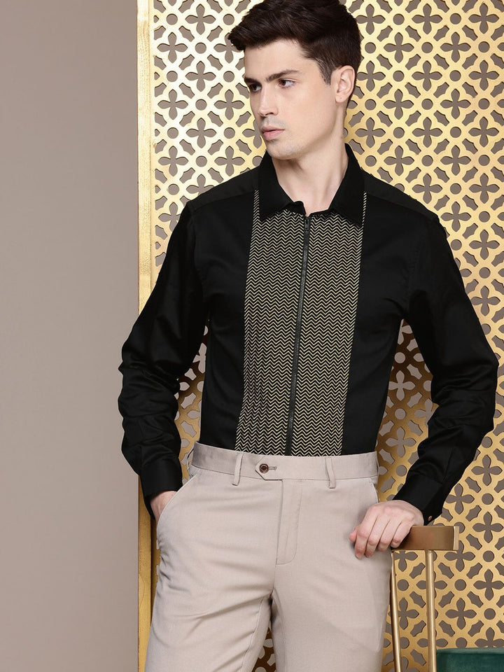 House of Pataudi Pure Cotton Zari Work Chevron Opaque Party Shirt