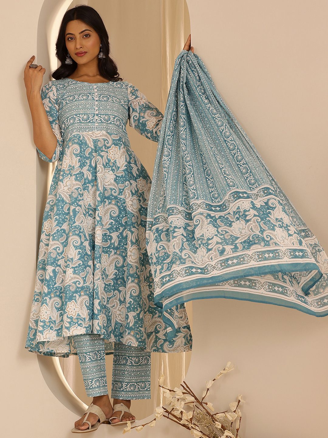 Libas Floral Printed Pure Cotton Anarkali Kurta with Trousers & Dupatta