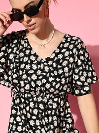 Berrylush Women Black Printed Ruffled Jumpsuit