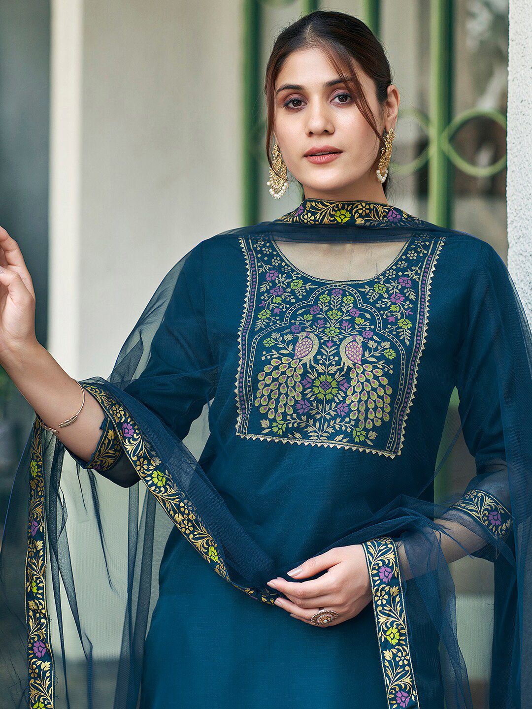 KALINI Ethnic Motifs Yoke Design Gotta Patti Straight Kurta with Trousers & Dupatta