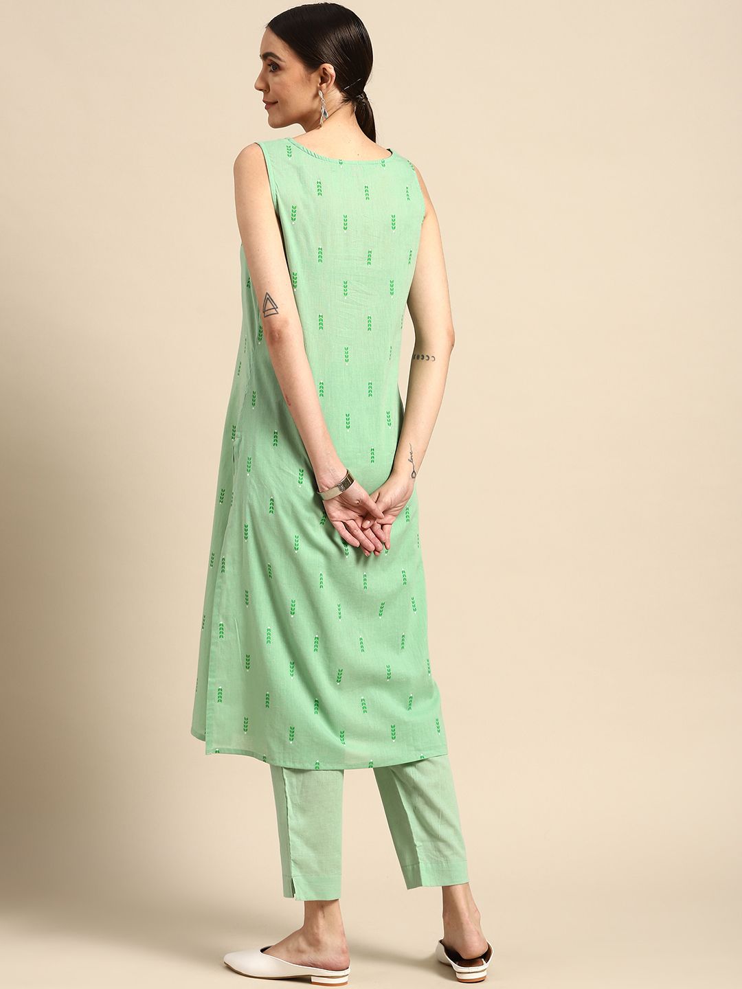 Anouk Women Sea Green Ethnic Motifs Printed Pure Cotton Kurta with Trousers