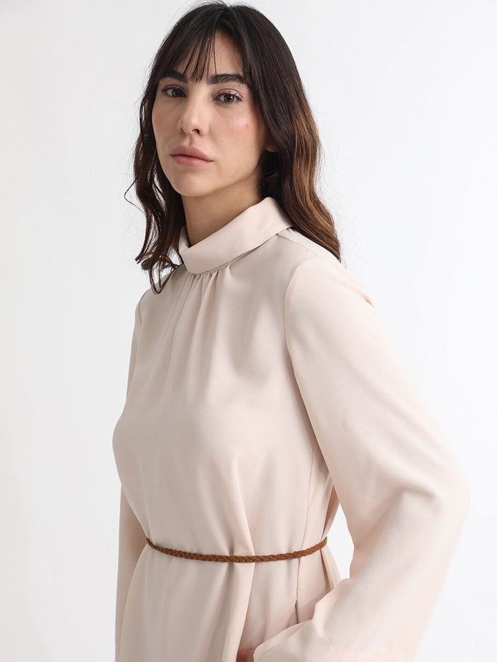 RAREISM High Neck Flared Sleeves A-Line Formal Dress With Suede Corded Belt