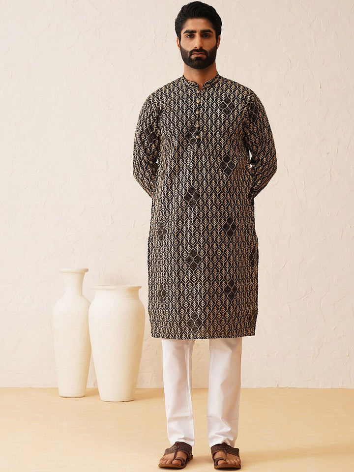 SOJANYA Kolar Mandarin Sulam Lengan Panjang Cotton Straight Kurta