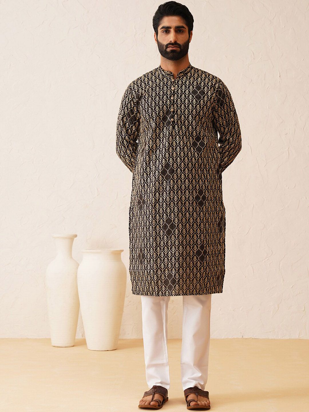 SOJANYA Kolar Mandarin Sulam Lengan Panjang Cotton Straight Kurta