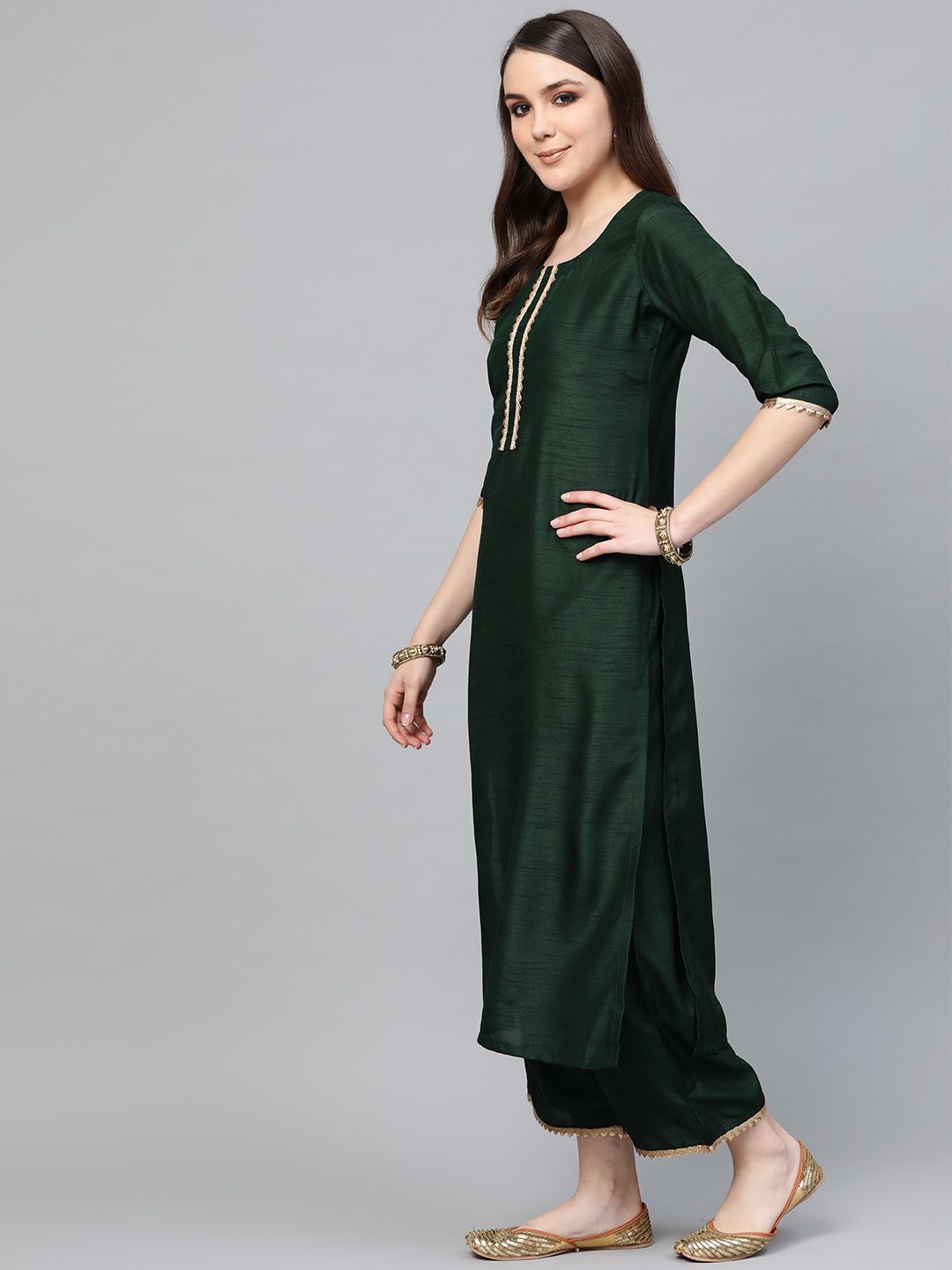 Libas Hunter Green Gotta Chanderi Kurta Set with Festive Traditional Stole