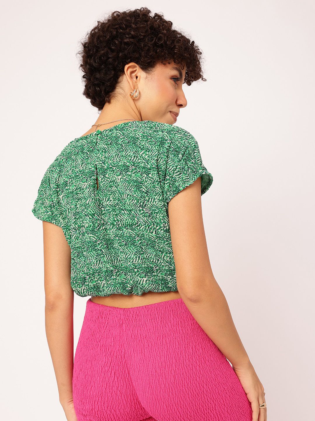 DressBerry Wanderlust Love Printed Extended Sleeves Cinched Waist Crop Top