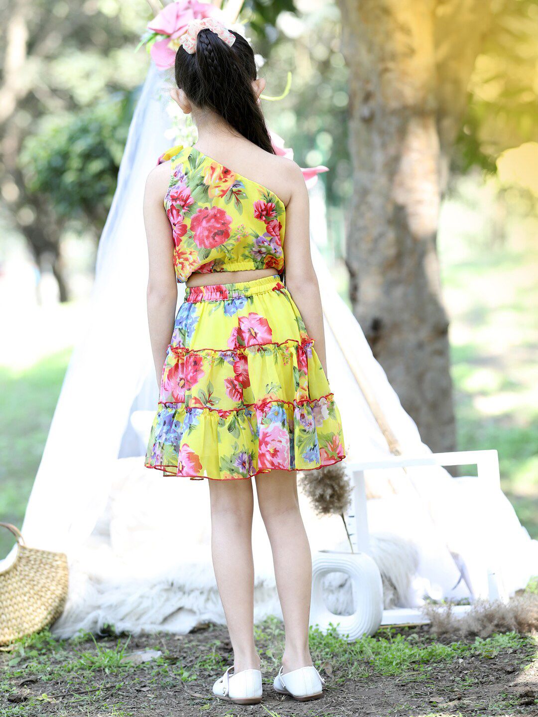Cutiekins Girls Floral Printed One Shoulder Georgette Crop Top with Skirt