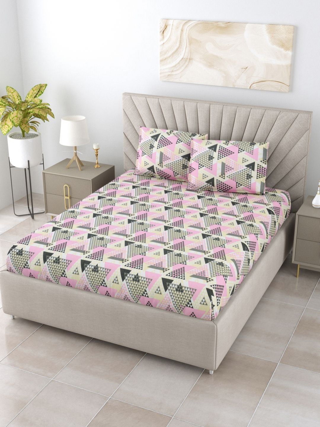 BOMBAY DYEING Epigram Grey Printed Pure Cotton 120 TC Queen Bedsheet Set 2.24 m X 2.54 m
