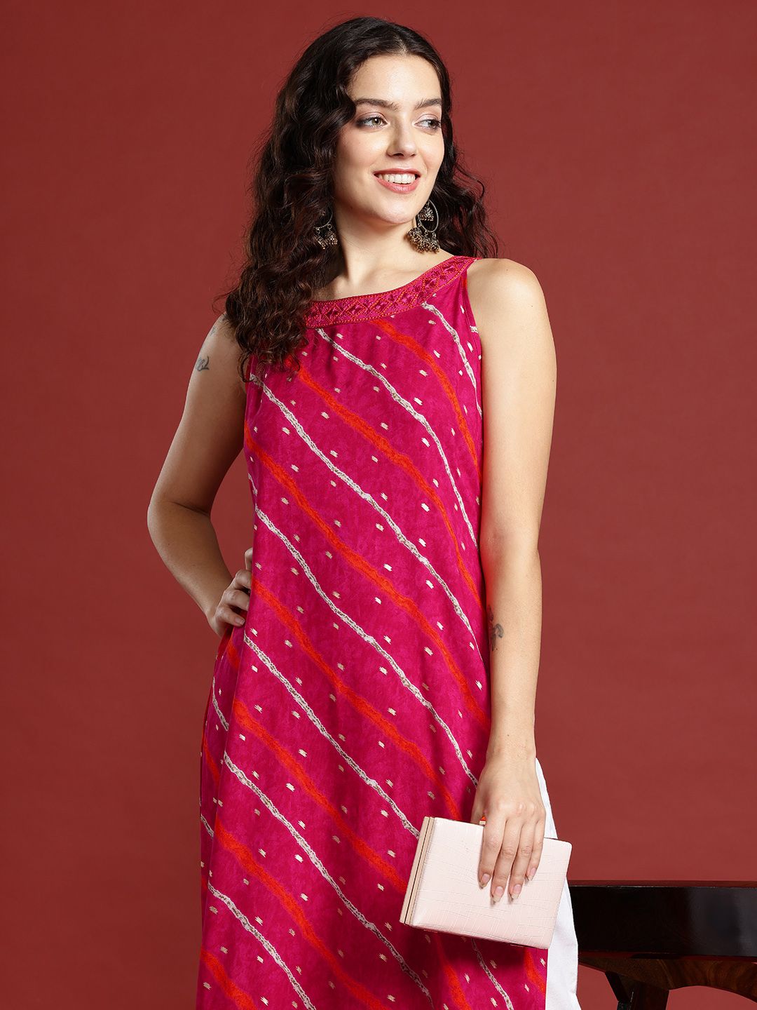 Anouk Leheriya Printed Halter Neck Thread Work Kurta