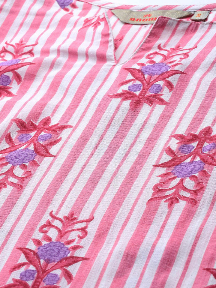 Anouk Striped Regular Cotton Kurta with Trousers & With Dupatta