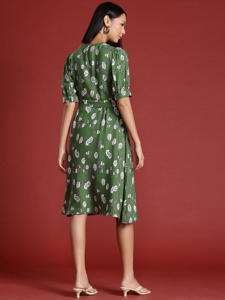 all about you Floral Print Puff Sleeves A-Line Dress with Belt
