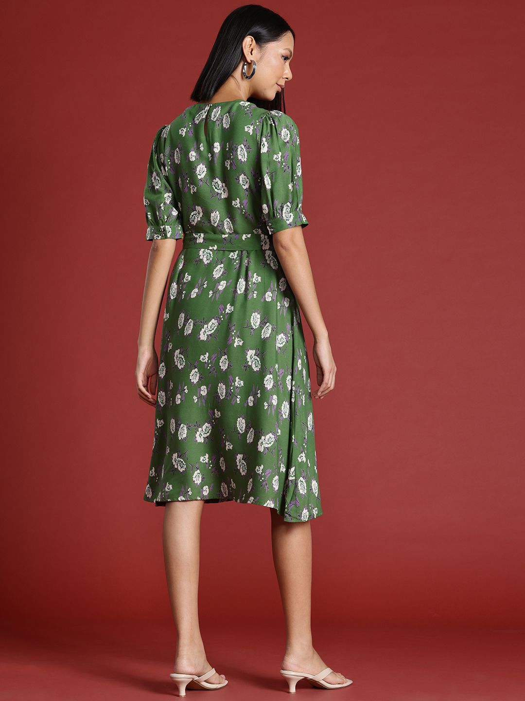 all about you Floral Print Puff Sleeves A-Line Dress with Belt