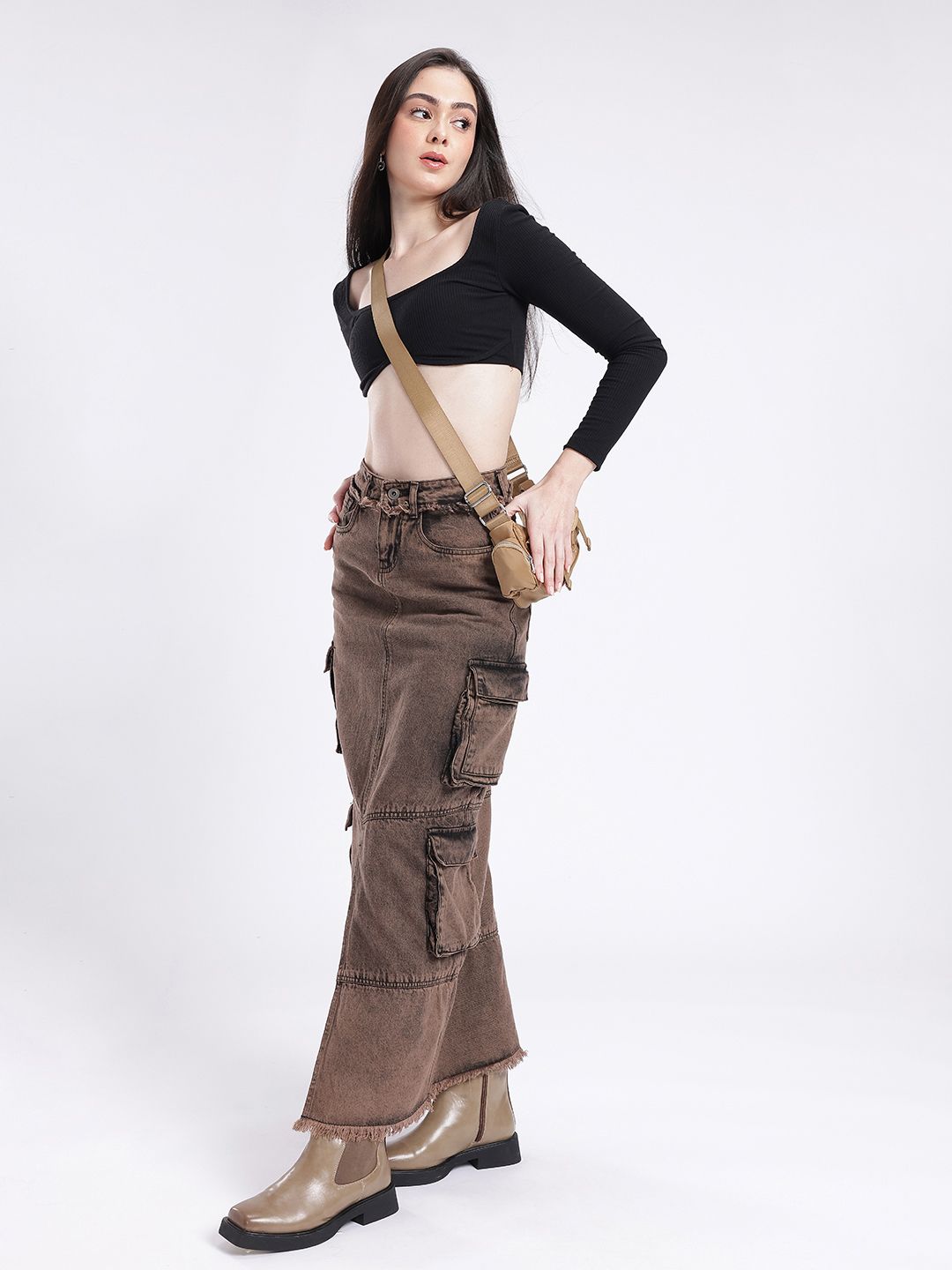 DressBerry Women Urban Dope Cargo Style Front Slit Straight Maxi Skirt
