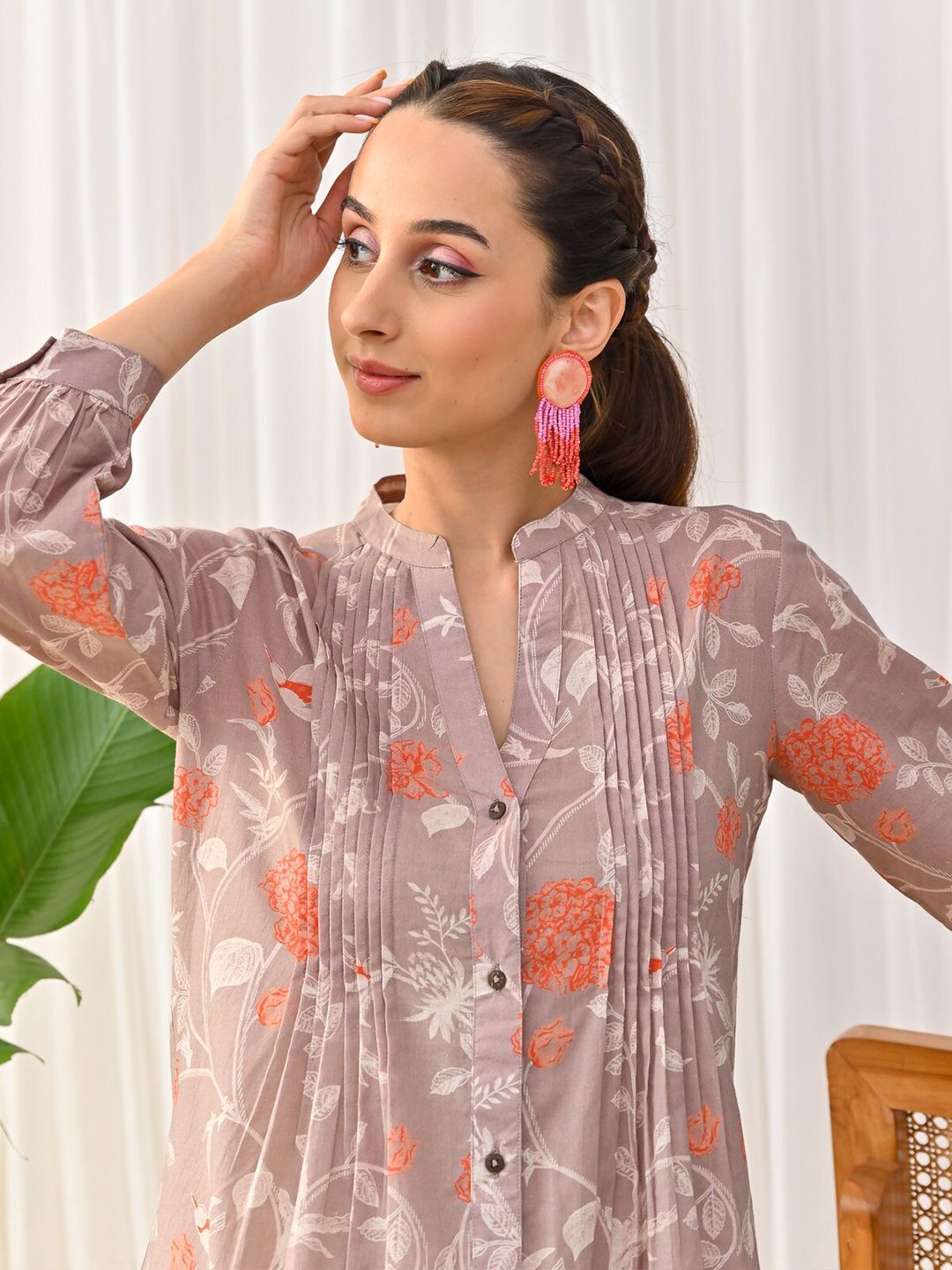 Rustorange Floral Printed Cotton Mandarin Collar Tunic