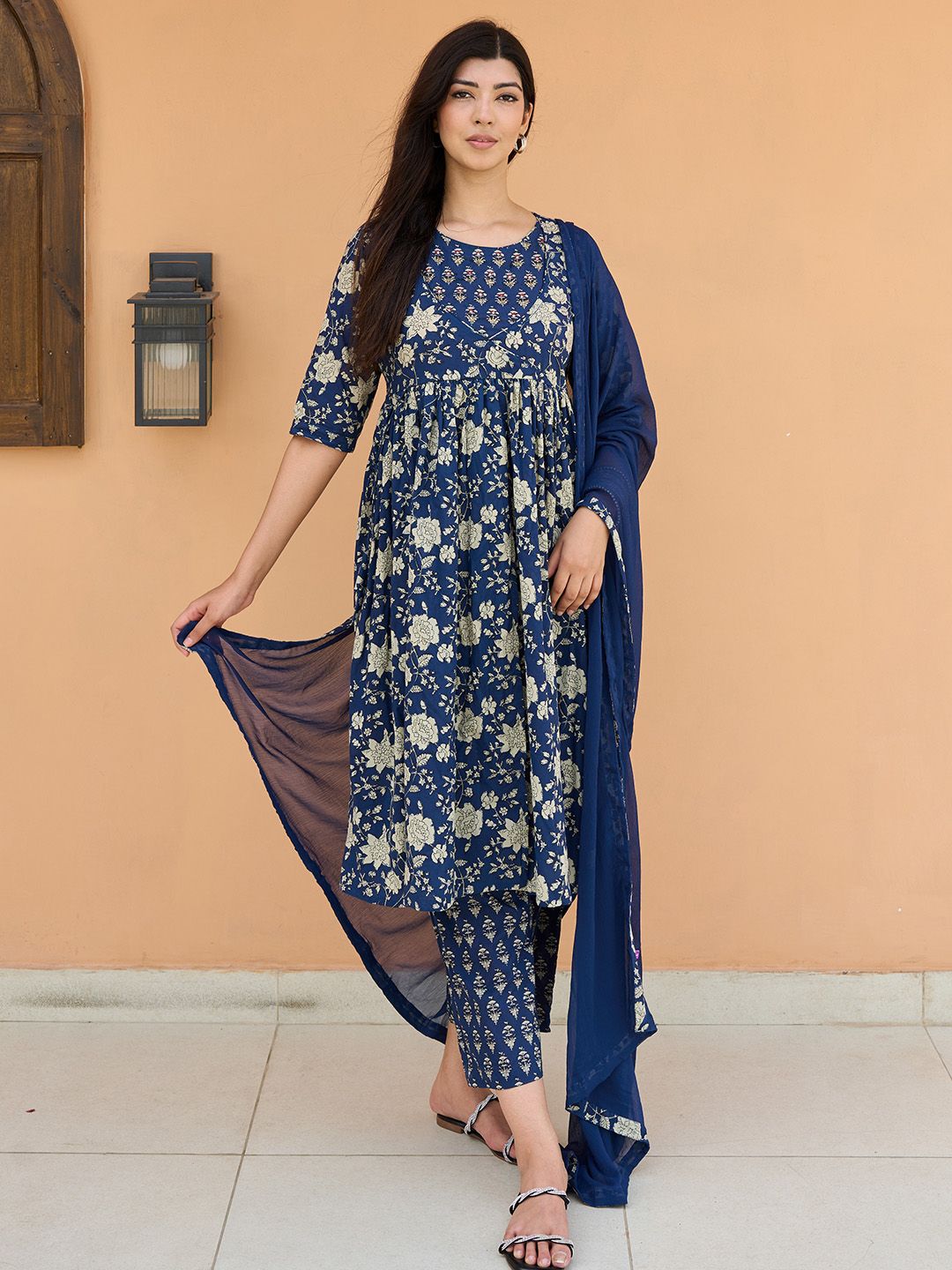 Libas Floral Printed Pleated Round Neck Three-Quarter Sleeves Pure Cotton Kurta Set