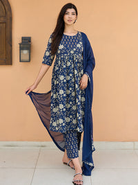 Libas Floral Printed Pleated Round Neck Three-Quarter Sleeves Pure Cotton Kurta Set