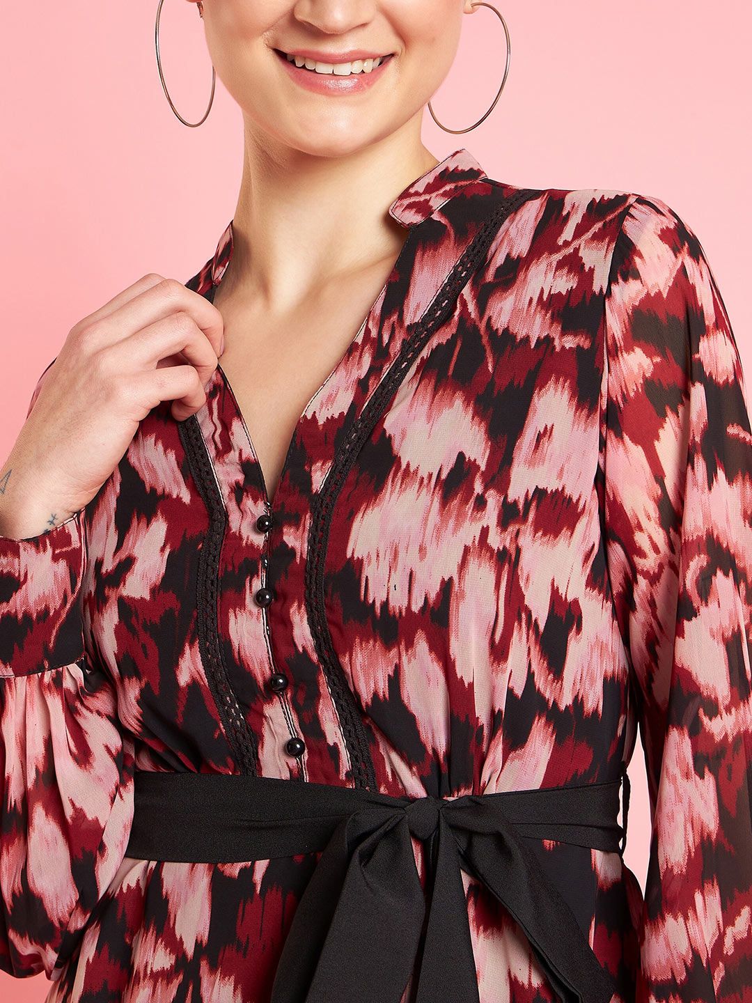 Antheaa Rust Animal Printed Flared Sleeve A-Line Opaque Party Dress