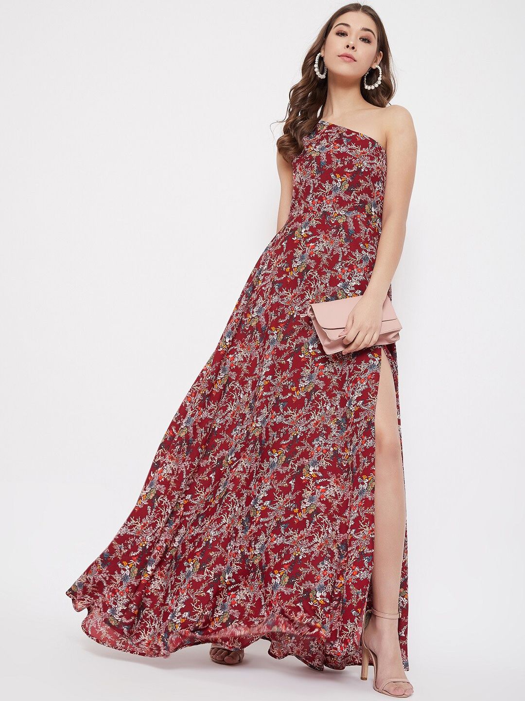Berrylush Women Maroon & Off-White Floral Printed One Shoulder Maxi Dress