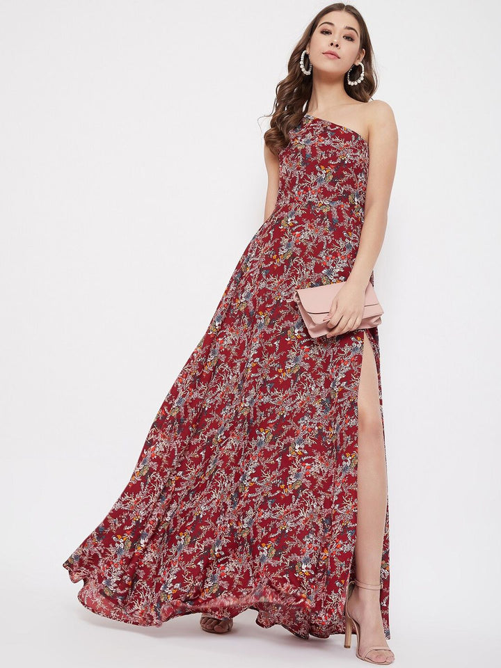 Berrylush Women Maroon & Off-White Floral Printed One Shoulder Maxi Dress