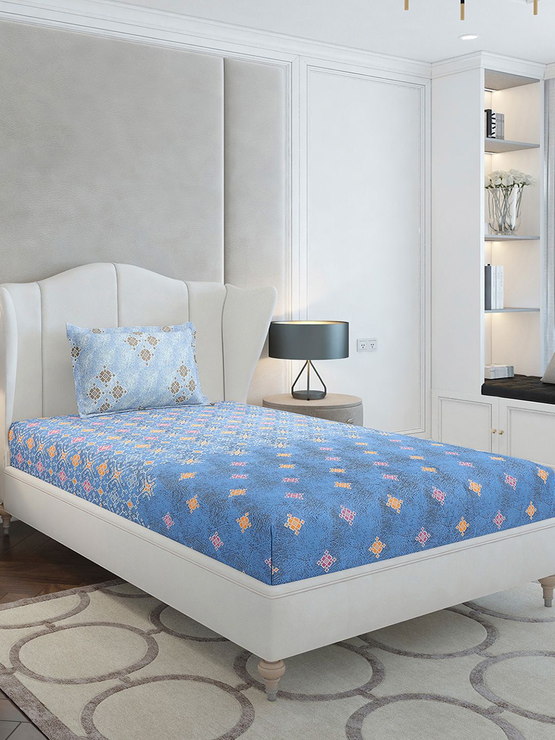Monte Carlo Blue & White Ethnic Motifs Cotton 144 TC Single Bedsheet Set-2.29 m x 1.52 m