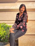 SASSAFRAS Black & White Floral Print Bishop Sleeves Georgette Wrap Top