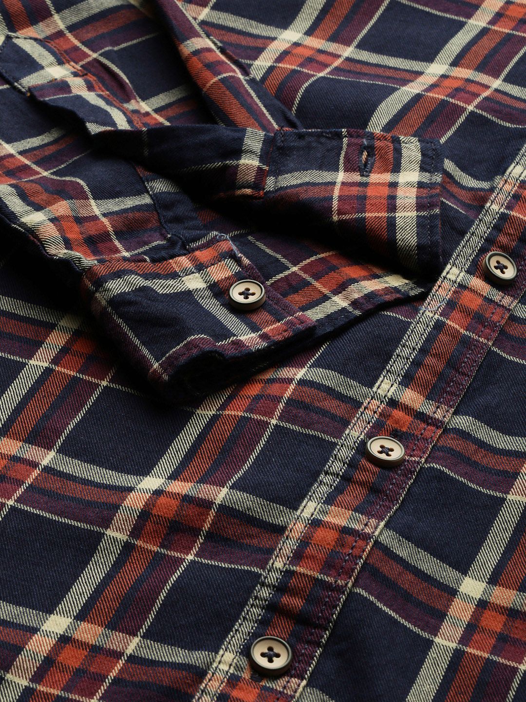 The Indian Garage Co Men Navy Blue & Orange Checked Casual Shirt