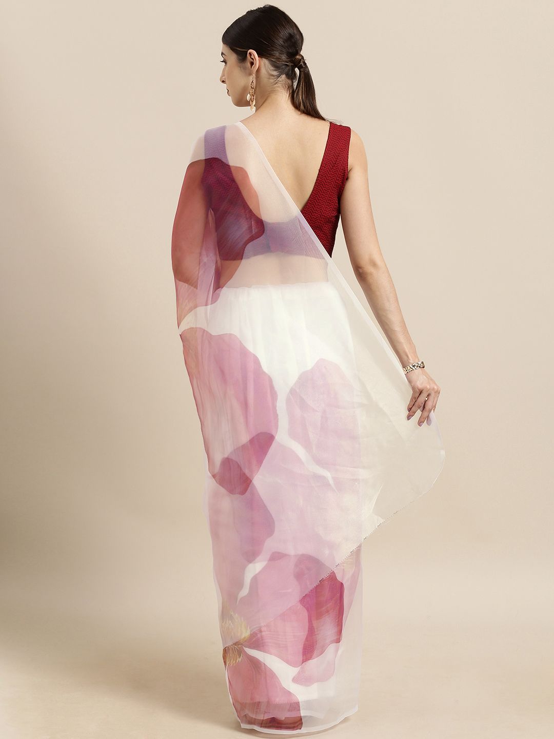 Tikhi Imli White & Pink Organza Printed Saree