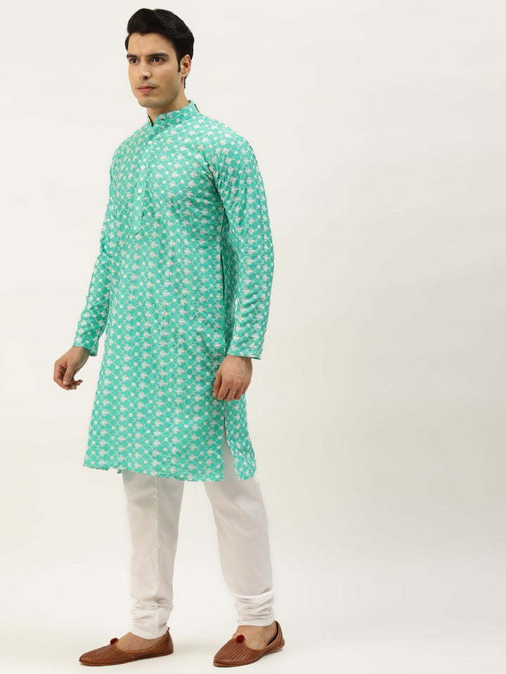 SOJANYA Lelaki Motif Etnik Hijau & Biru Sulam Kurta Churidar
