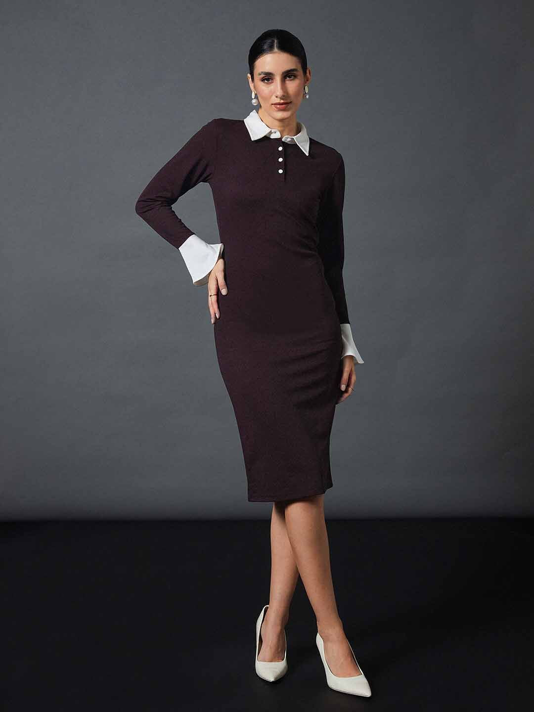 SASSAFRAS worklyf Shirt Collar Sheath Midi Dress