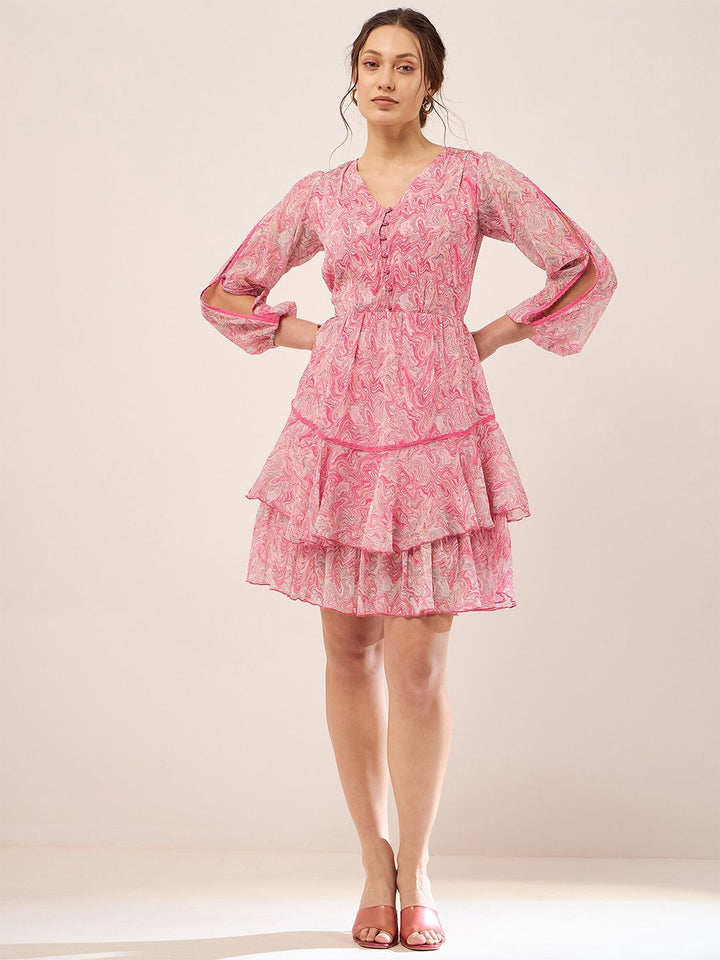 Antheaa Abstract Printed Puff Sleeves Gathered Layered Fit & Flare Dress