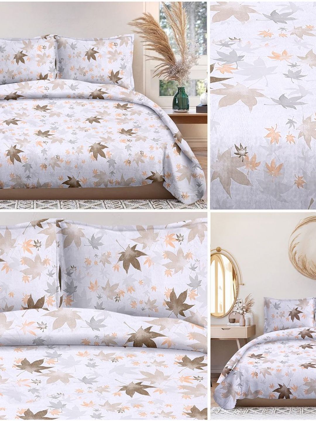 Cortina Glazed Cotton Cream Floral 140 TC King Bedsheet with 2 Pillow Covers