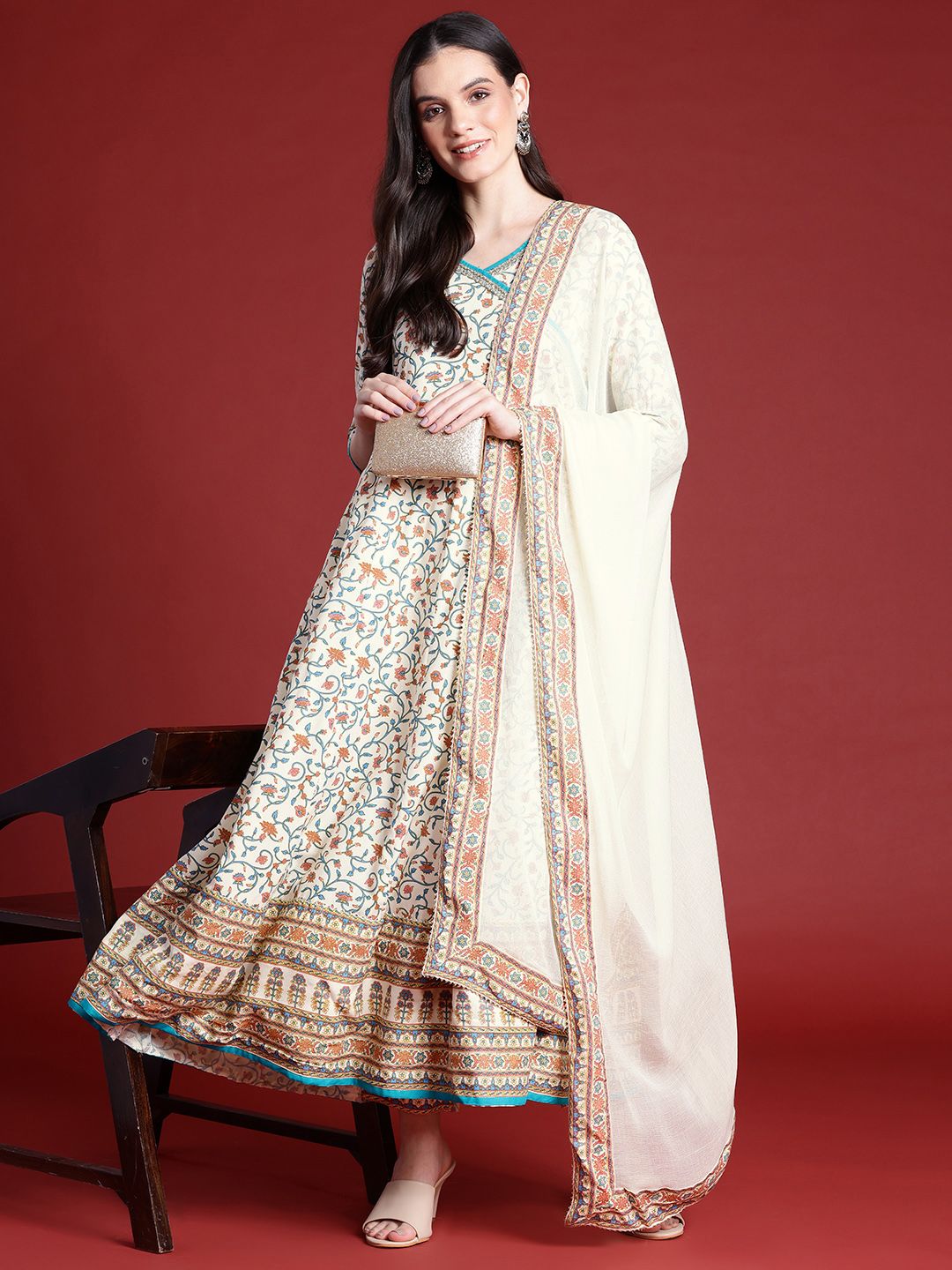 Anouk Ethnic Motifs Print Angrakha Kurta with Trousers & Dupatta