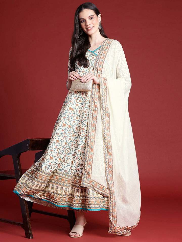 Anouk Ethnic Motifs Print Angrakha Kurta with Trousers & Dupatta