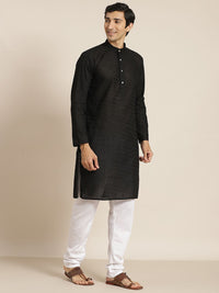 SOJANYA Lelaki Motif Etnik Hitam Chikankari Kurta Kapas Tulen dengan Jaket Churidar & Nehru