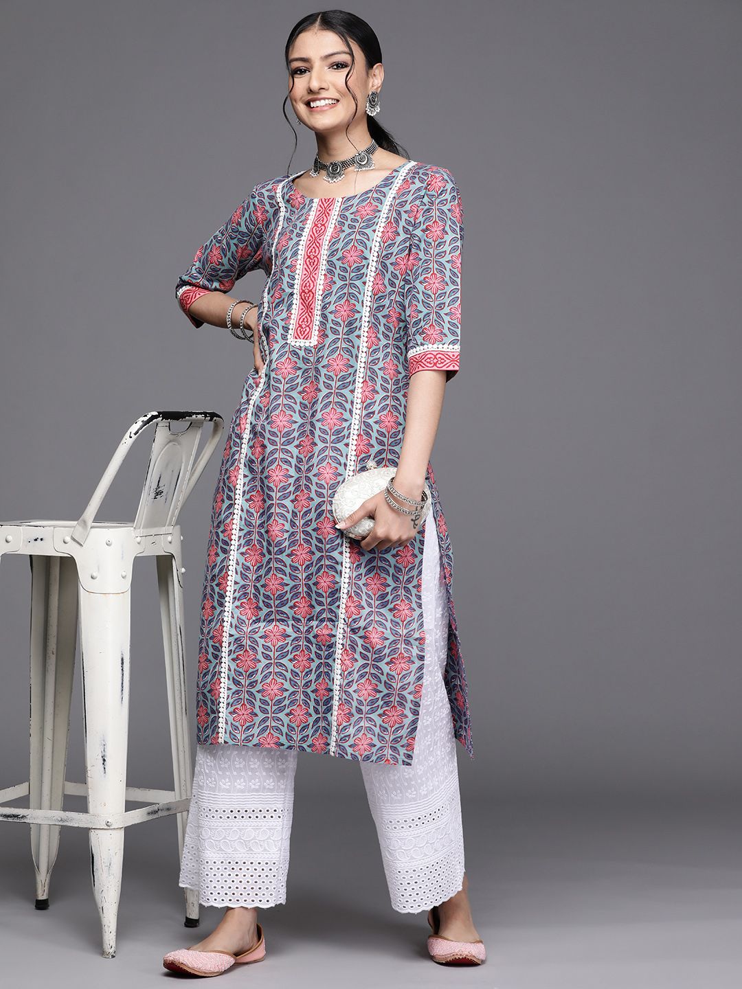 Libas Women Blue & Pink Floral Motifs Printed Kurta