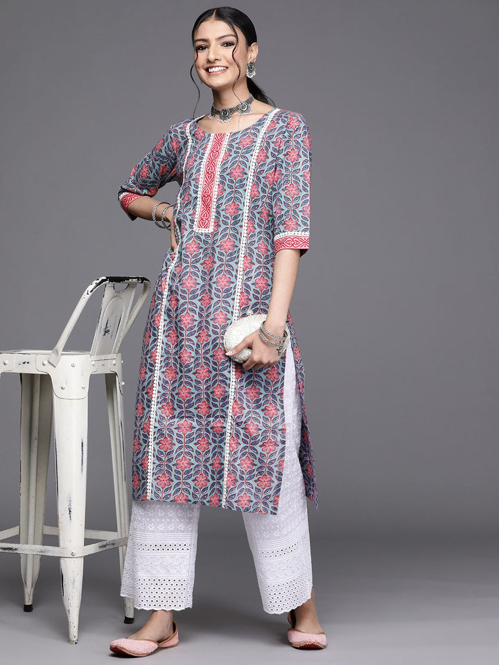 Libas Women Blue & Pink Floral Motifs Printed Kurta