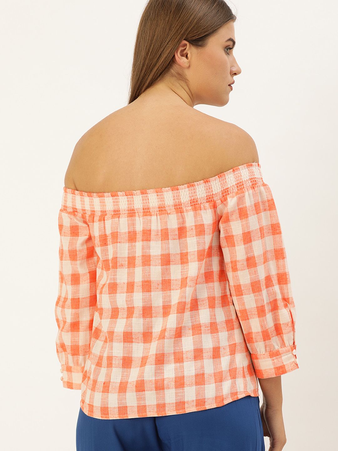 AND Coral Orange & Beige Checked Off-Shoulder Regular Top
