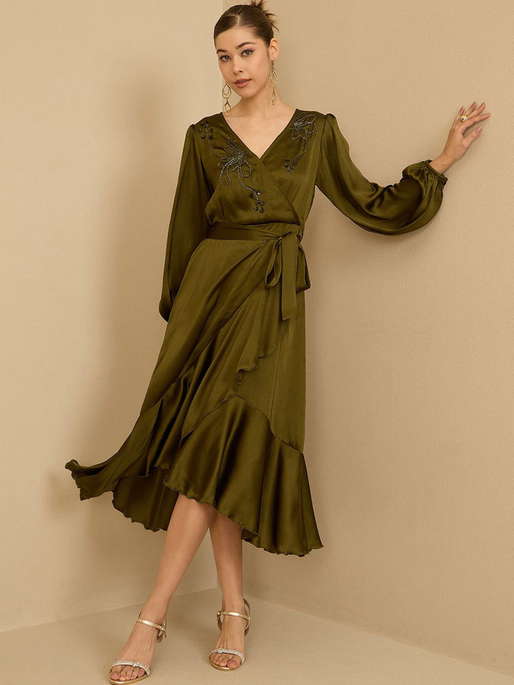 Antheaa Puff Sleeve Satin Embellished Midi Dress