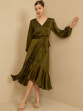 Antheaa Puff Sleeve Satin Embellished Midi Dress