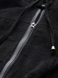 SASSAFRAS Women Black Solid Corduroy Cropped Bomber Jacket