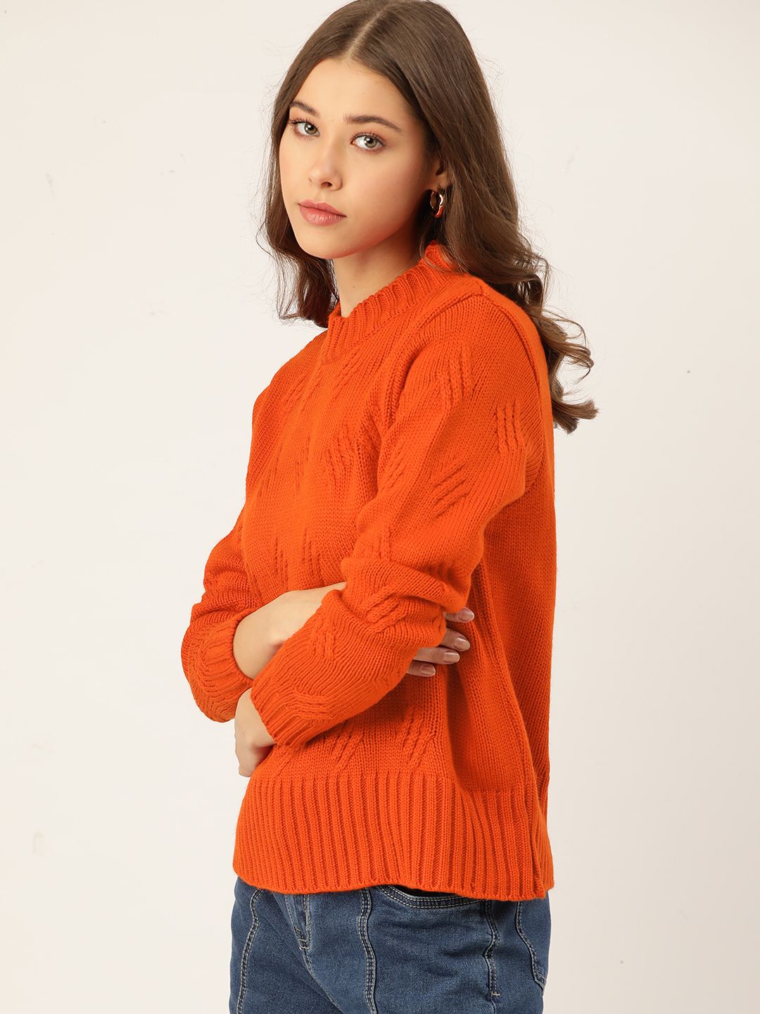 DressBerry Women Rust Orange Acrylic Cable Knit Pullover