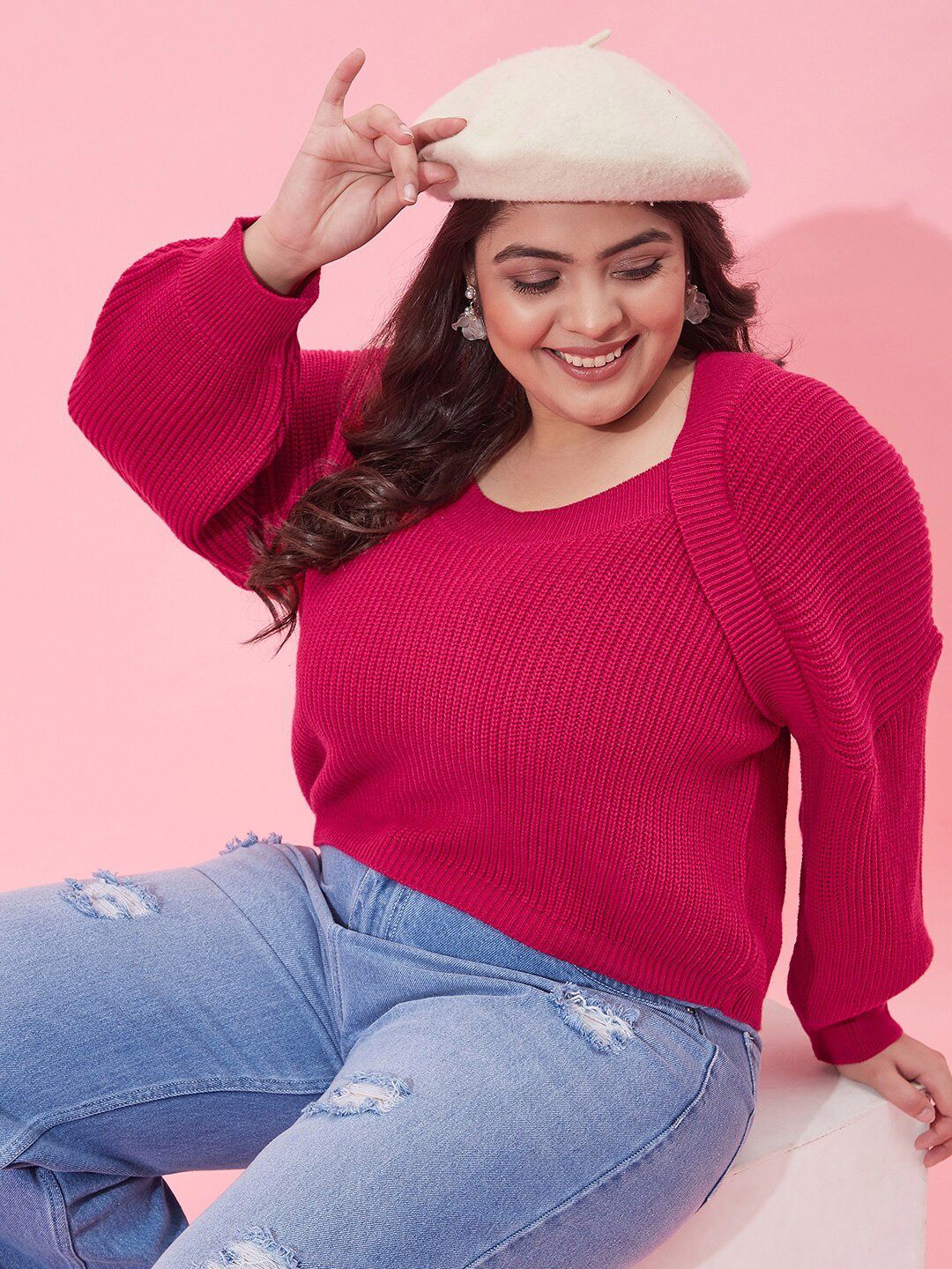 CURVY STREET Women Plus Size Ribbed Acrylic Crop Pullover