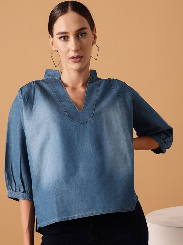 STREET 9 Mandarin Collar Cotton Denim Top