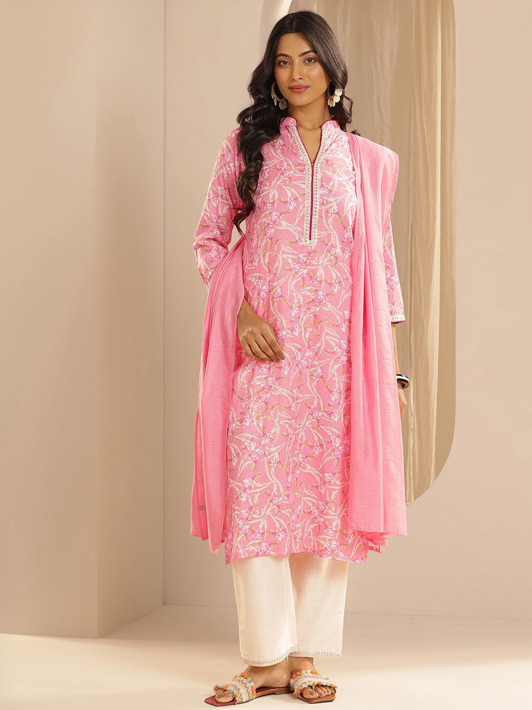Libas Floral Printed Straight Sequinned Kurta with Trousers & Dupatta
