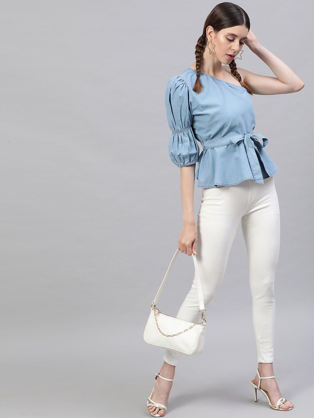 STREET 9 Blue Solid One Shoulder Indigo Denim Regular Top With Belt