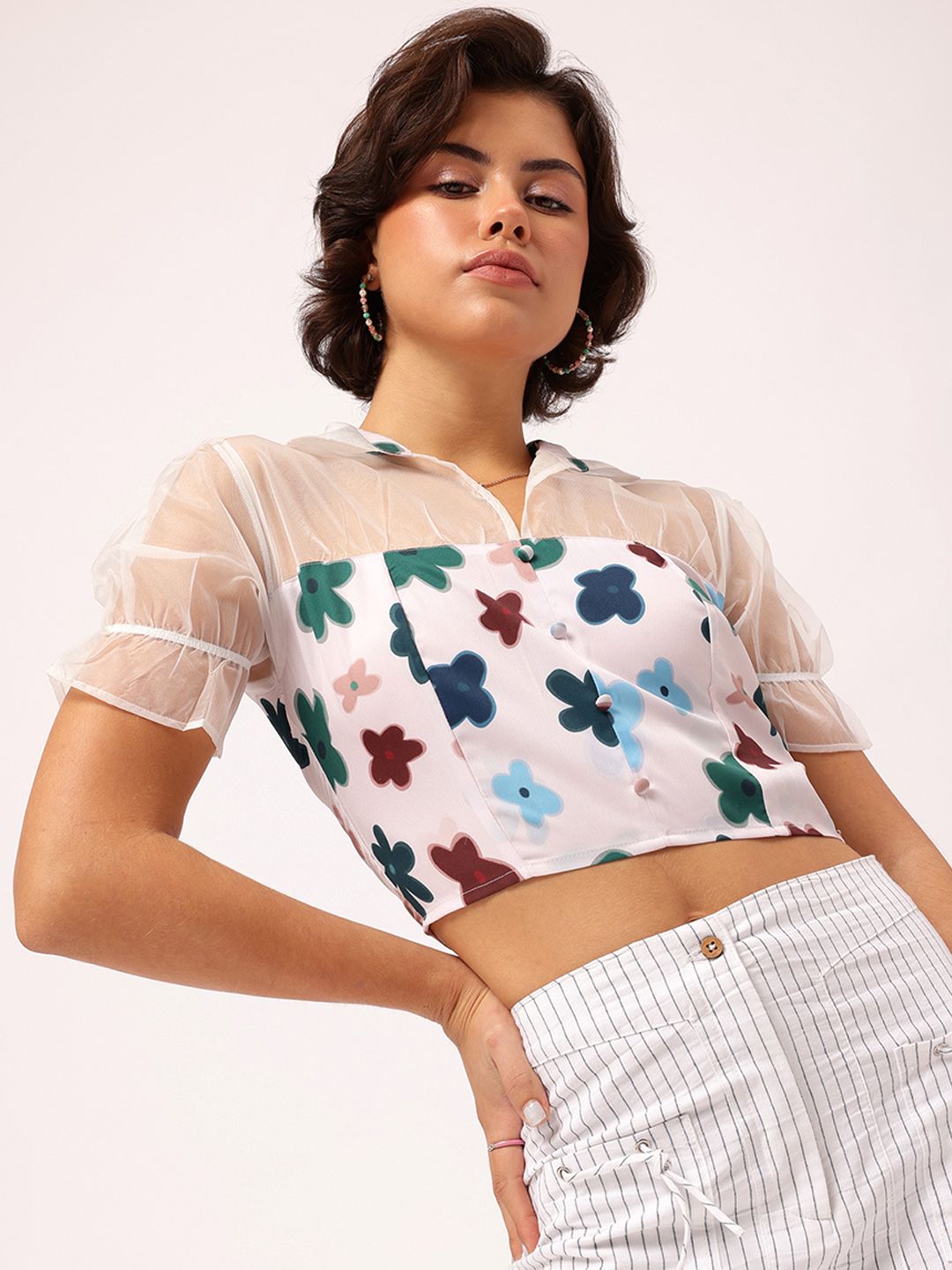 DressBerry Bold Sheer Floral Printed Shirt Style Net Detail Crop Top