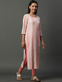 AURELIA Striped Round Neck Three-Quarter Sleeves Straight Kurta