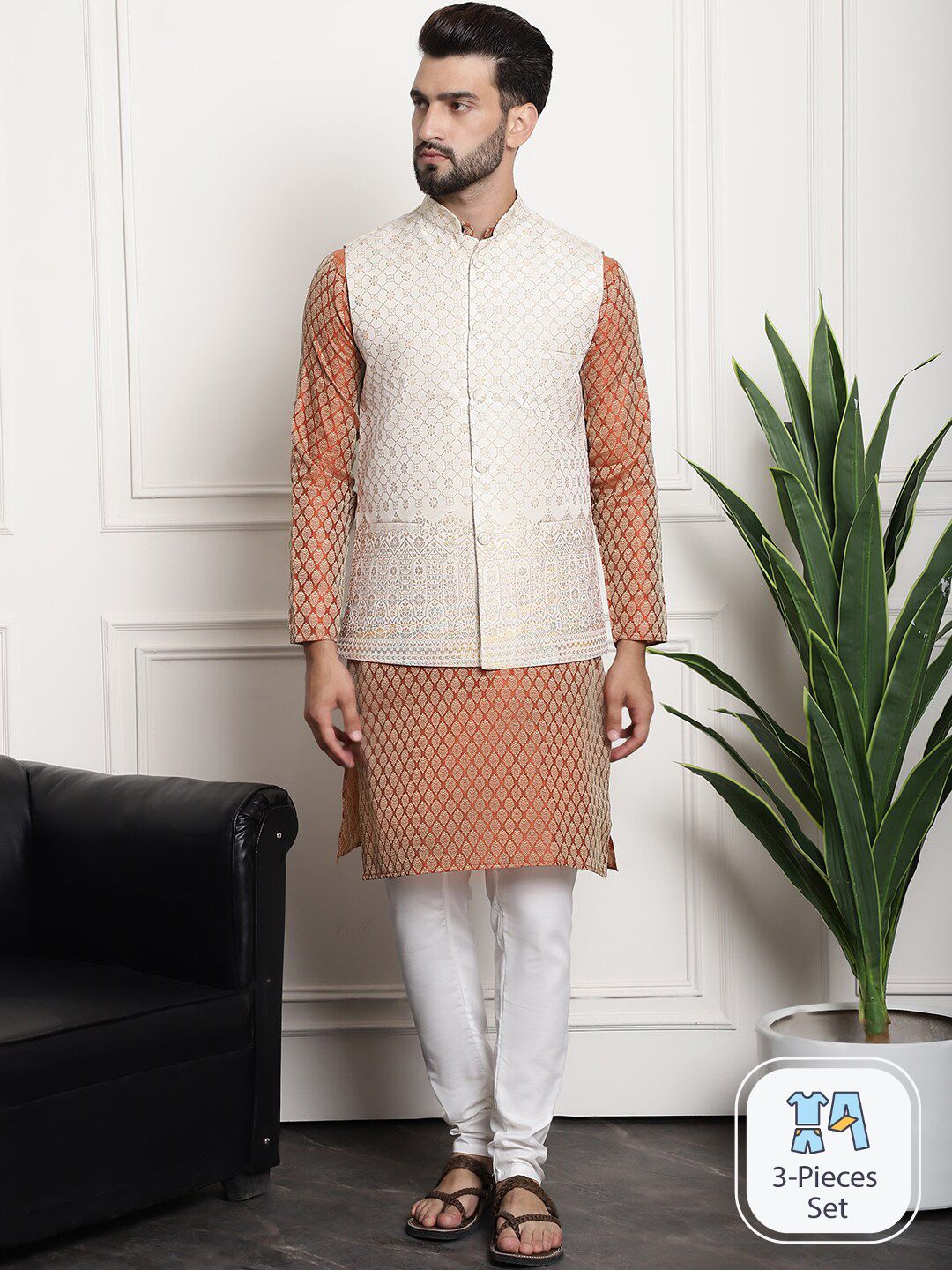 SOJANYA Ethnic Motifs Woven Design Regular Kurta & Churidar With Nehru Jacket