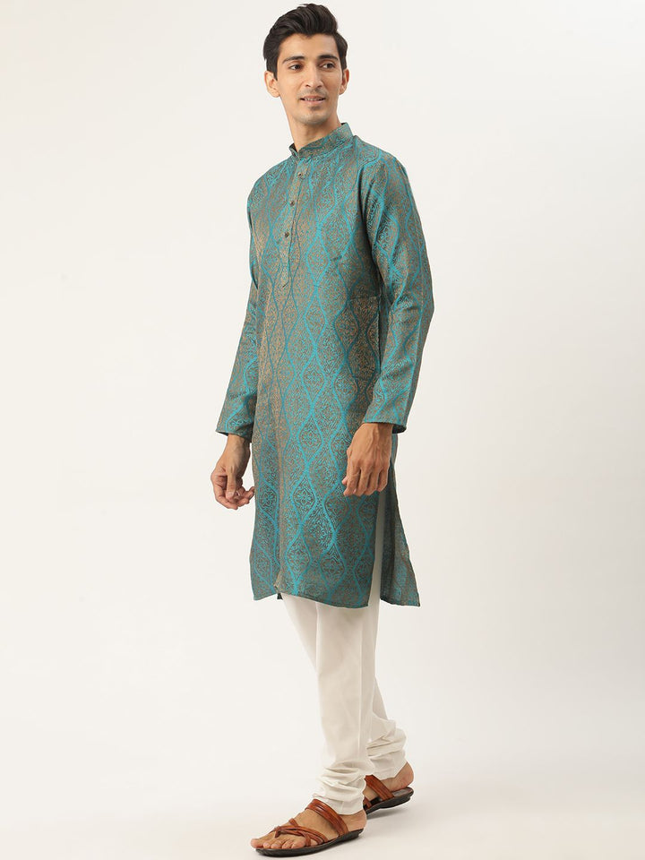 SOJANYA Men Teal Blue & Orange Ethnic Motifs Kurta  with Churidar & Nehru Jacket