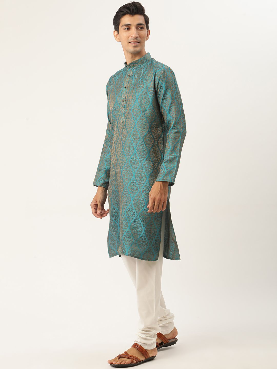 SOJANYA Kurta Motif Etnik Biru Teal & Jingga Lelaki dengan Jaket Churidar & Nehru